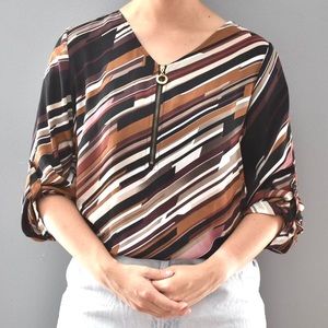 Dressbarn Brown White & Red Striped Zip Fancy Long Sleeved Evening Blouse